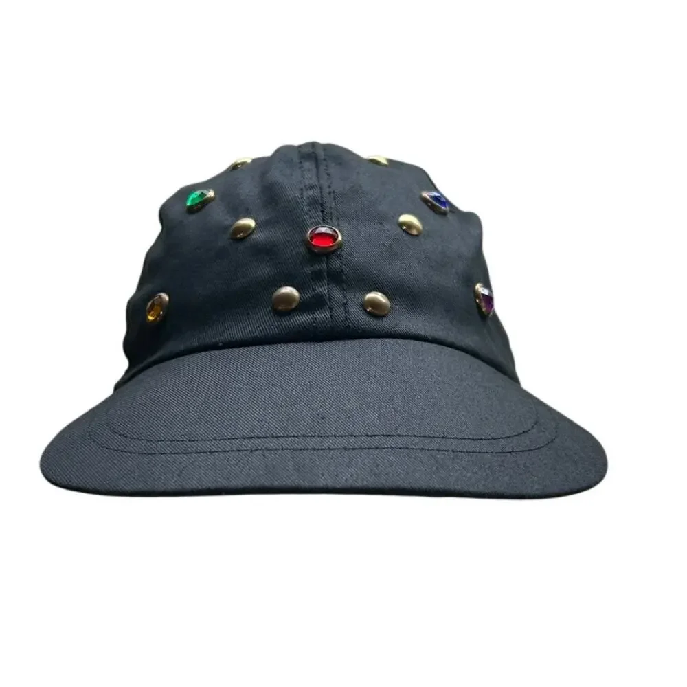 Vtg Black Studded Gemstone Unisex Hat 90s Streetwear cap- Black Gold Accents- OS - Picture 6 of 11
